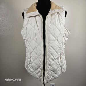 Coldwater Creek Quilted Vest Size L Cream Beige Fleece Collar Zip Pockets